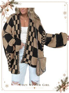 Open Front Checkered Ribbed Knit Cardigan Long Sleeve V-Neck Sweater